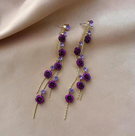Elegant Purple Rose Dangle Earrings with Sparkling Crystal Details