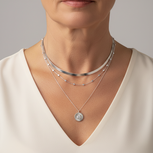 Elegant Layered-Look Necklace with Cubic Zirconia and Sun Pendant