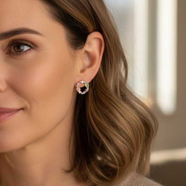 Flower earrings with cubic zirconia and coloured stones