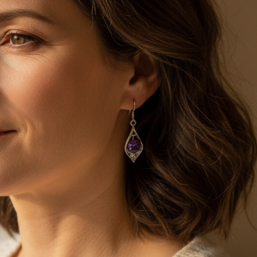 Shimmering violet crystal earrings with an elegant teardrop design