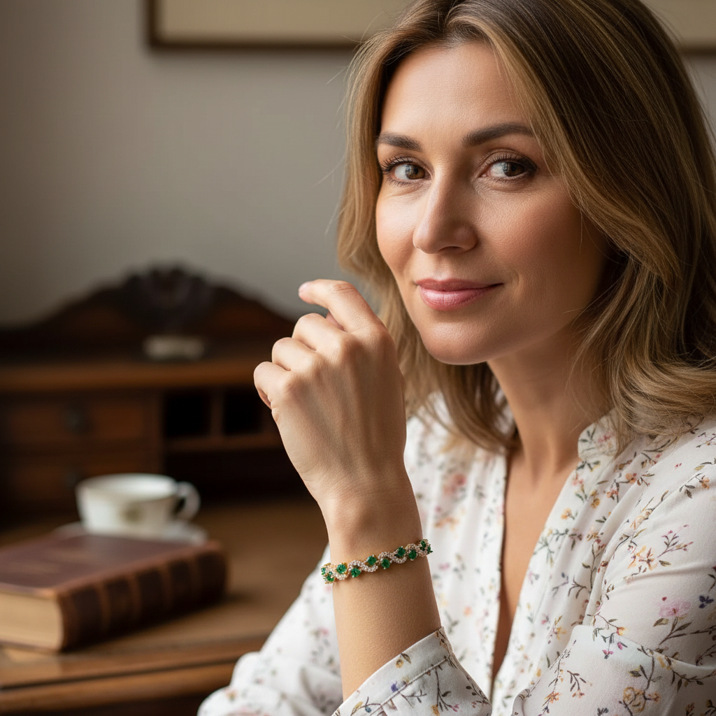 A bracelet featuring brilliant emerald-green cubic zirconia stones in an elegant wave design