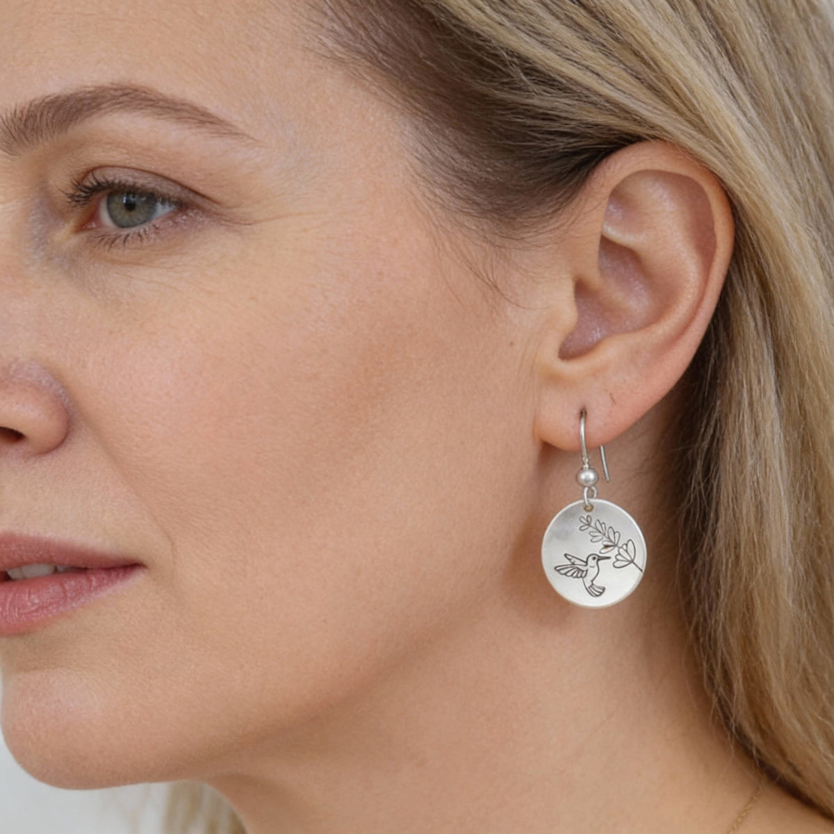 Engraved Hummingbird Branch Dangle Earrings
