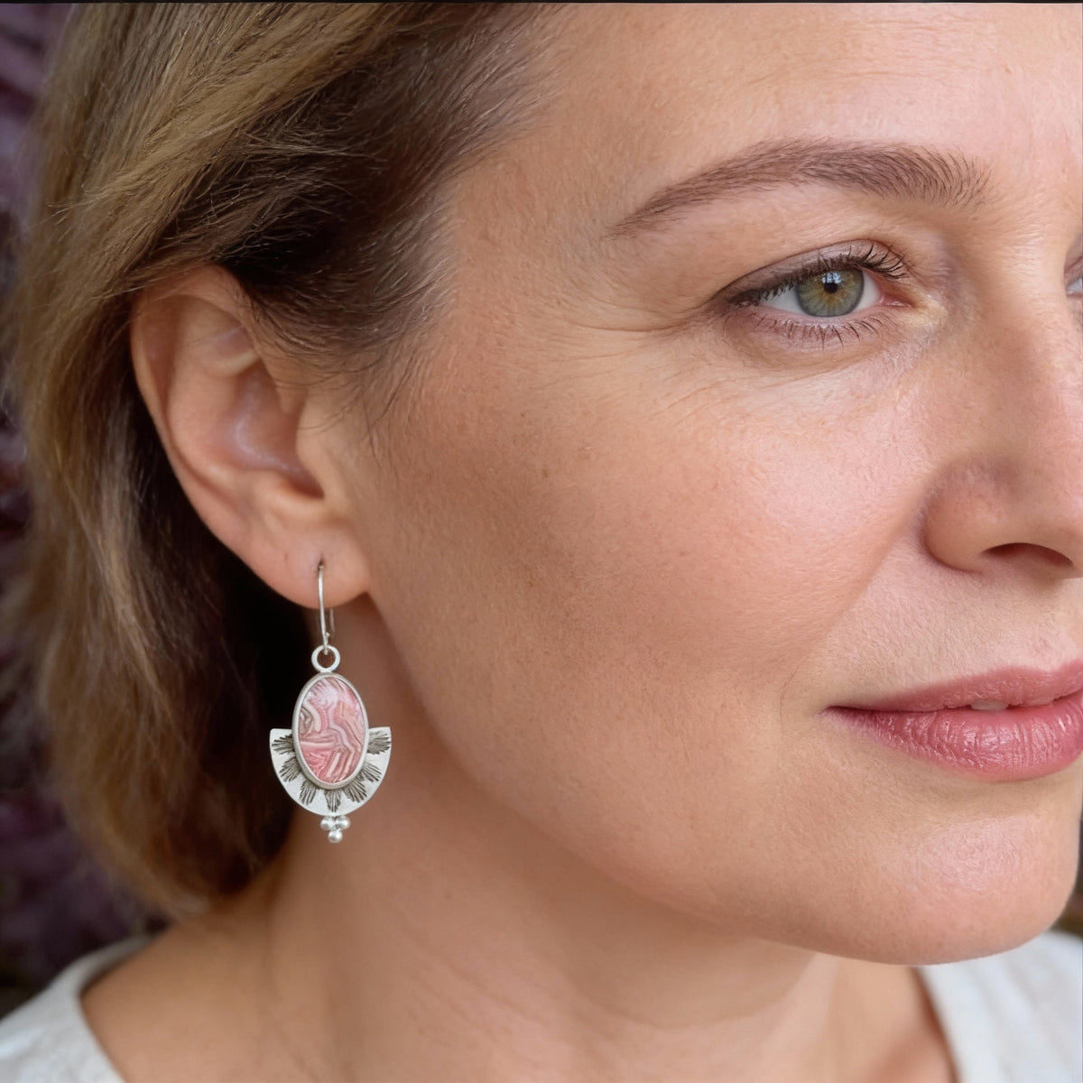 Tribal-Style Dangle Earrings with Vintage Pink Agate Gemstones