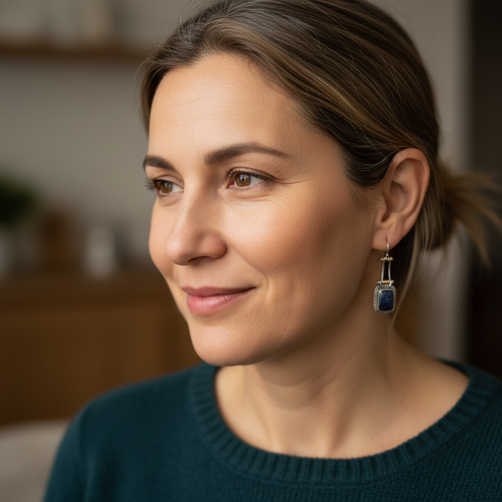 Rustic earrings with a dark grey stone and gold detailing