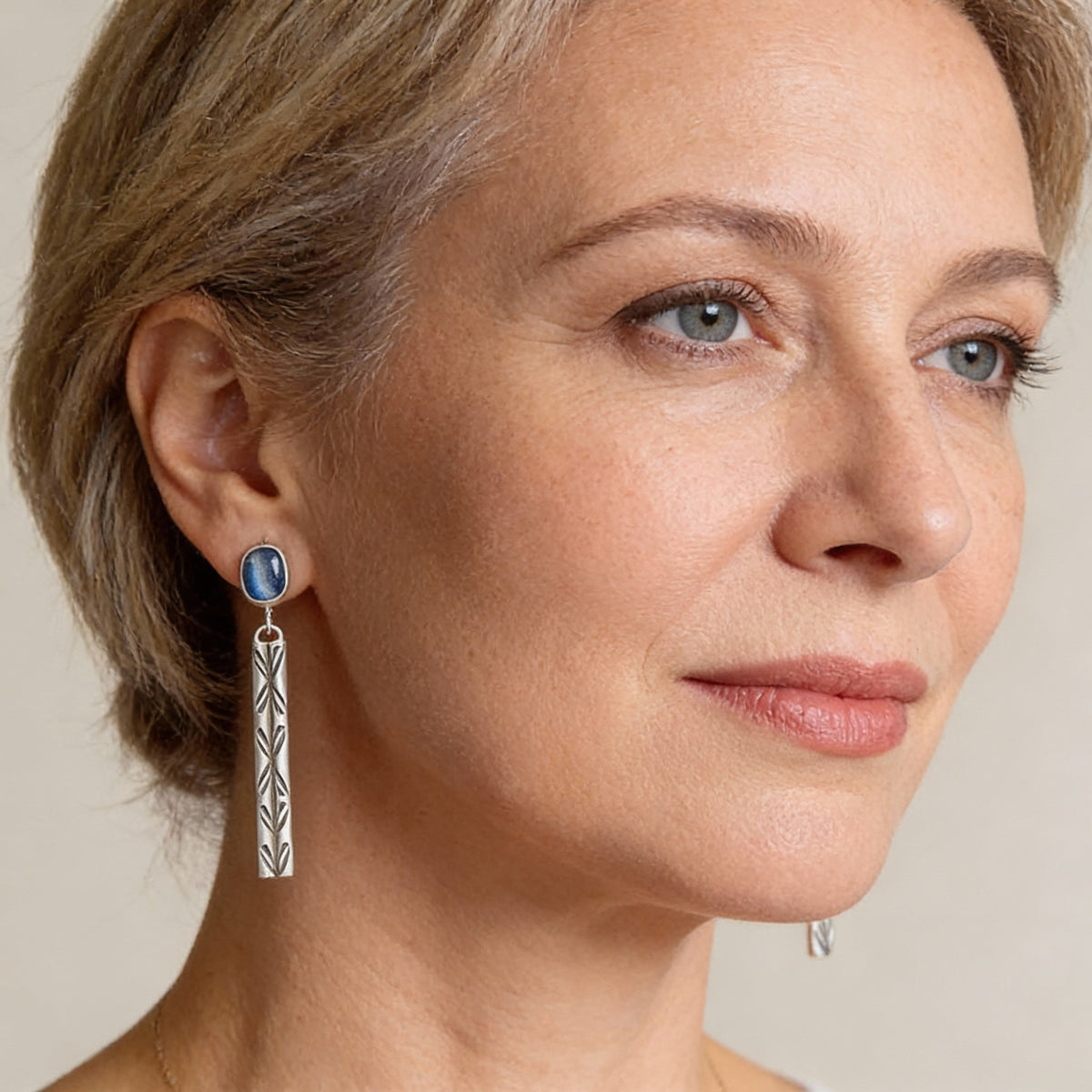 Elegant Kyanite Earrings with Engraved Bar Design
