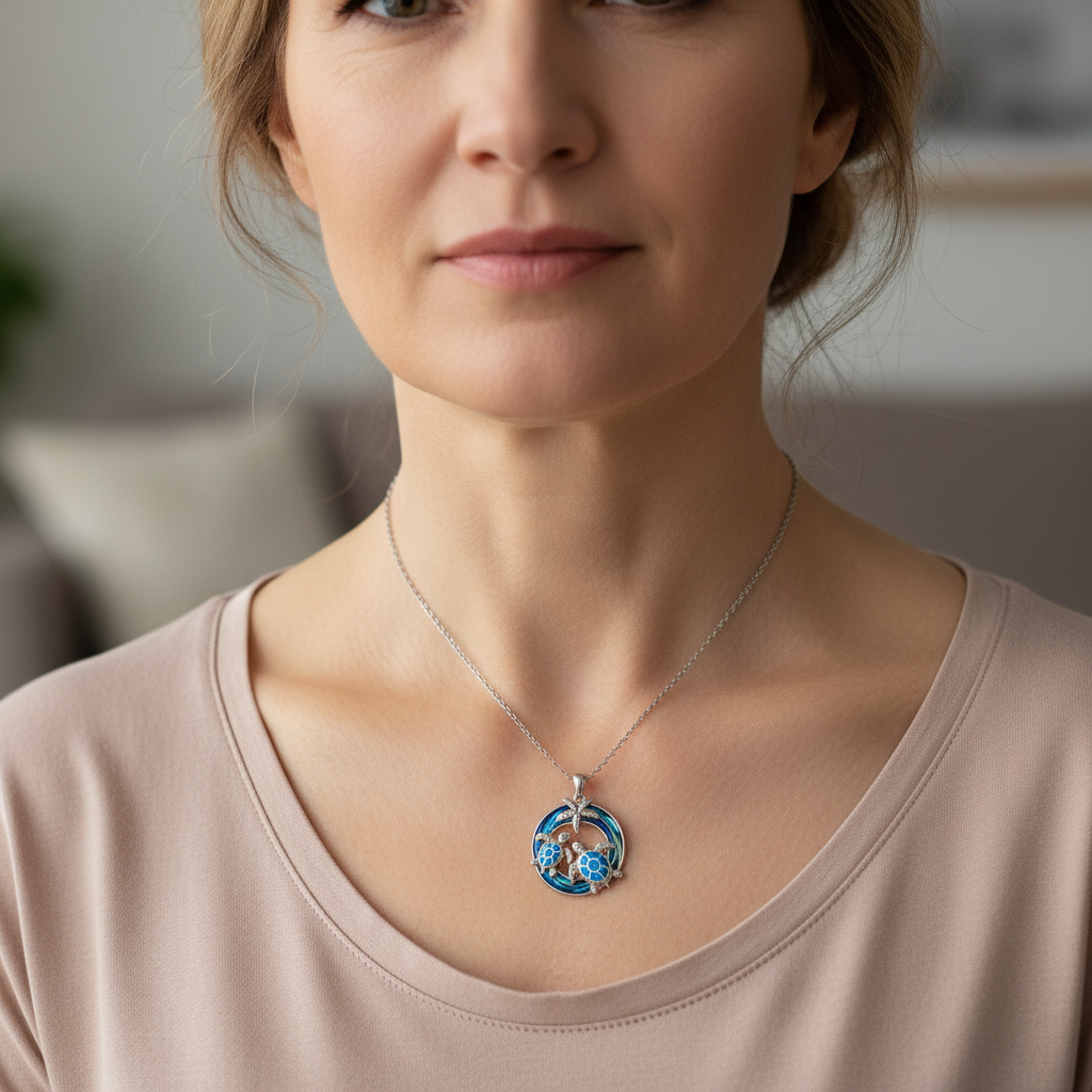 Opal Turtle Necklace with Palm Tree Motif in an Ocean Circle