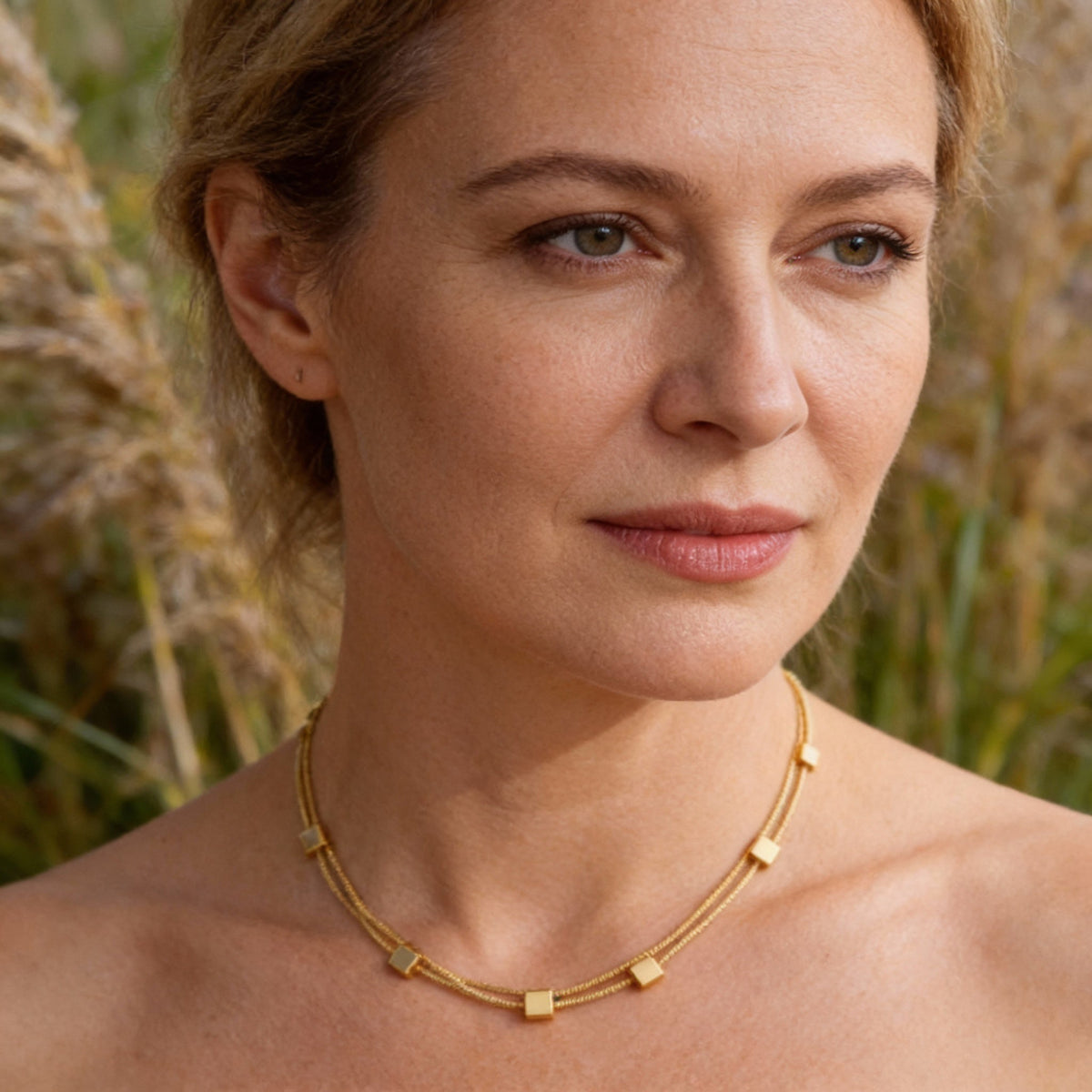 Modern Double-Row Necklace with Geometric Cube Elements