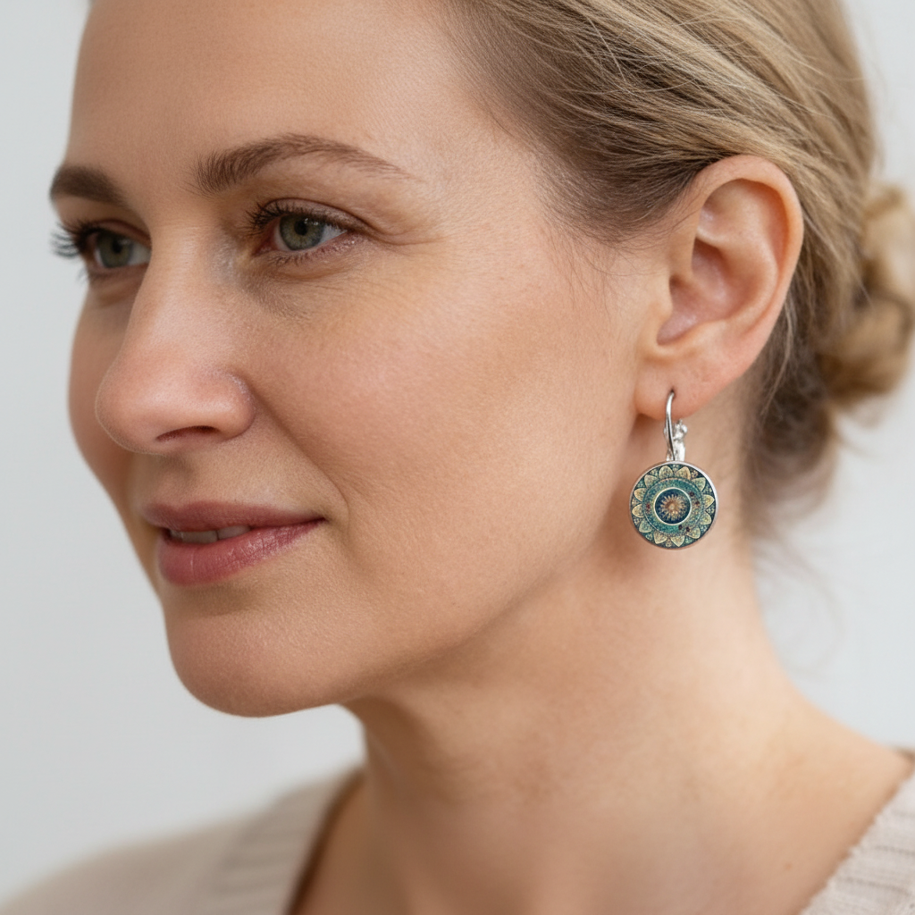 Vintage round mandala earrings with turquoise and gold detailing