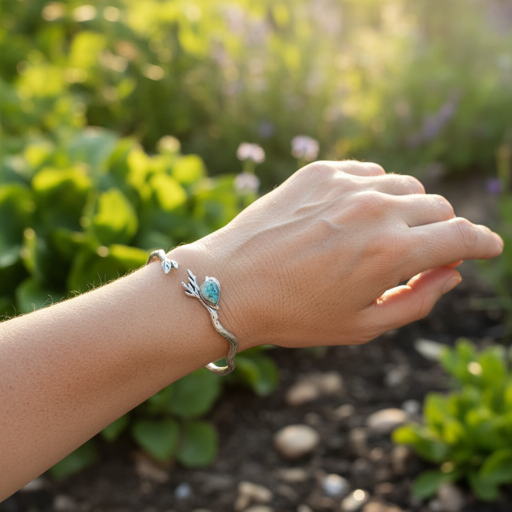 Bracelet featuring a bird-on-a-branch design in turquoise with an antique finish