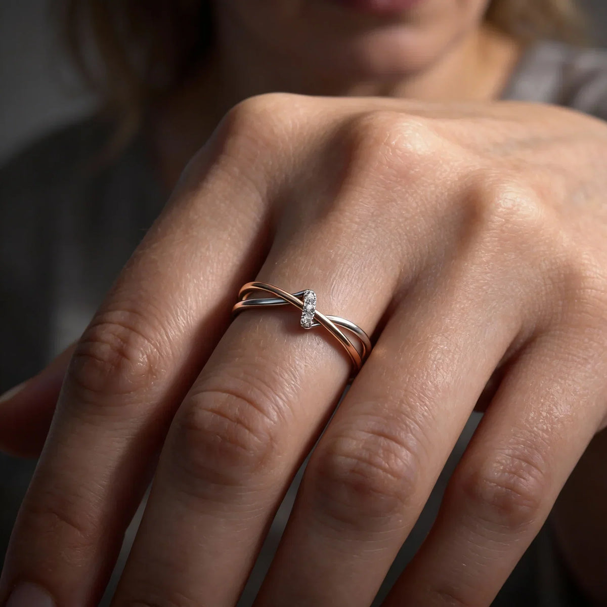 Elegant Women's Rose Gold and Silver Ring with Diamonds