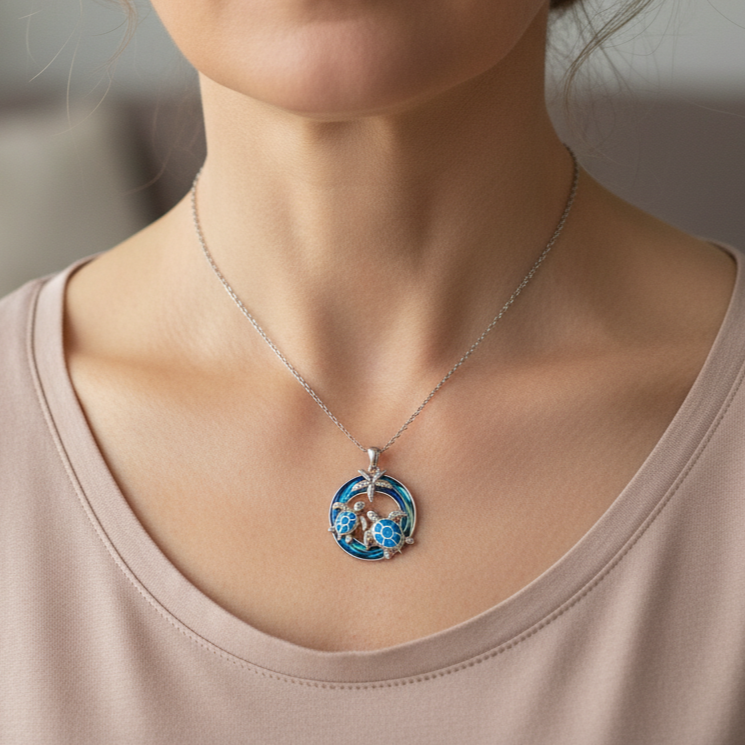 Opal Turtle Necklace with Palm Tree Motif in an Ocean Circle