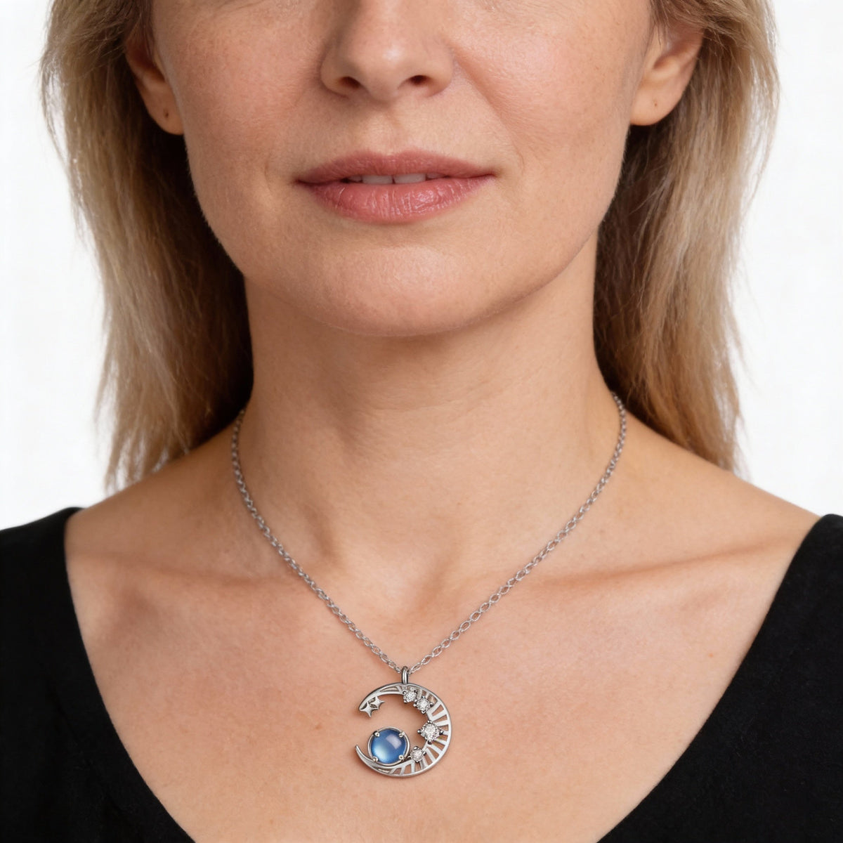 Mystical Moonstone Moon Necklace with Sparkling Cubic Zirconia Stars