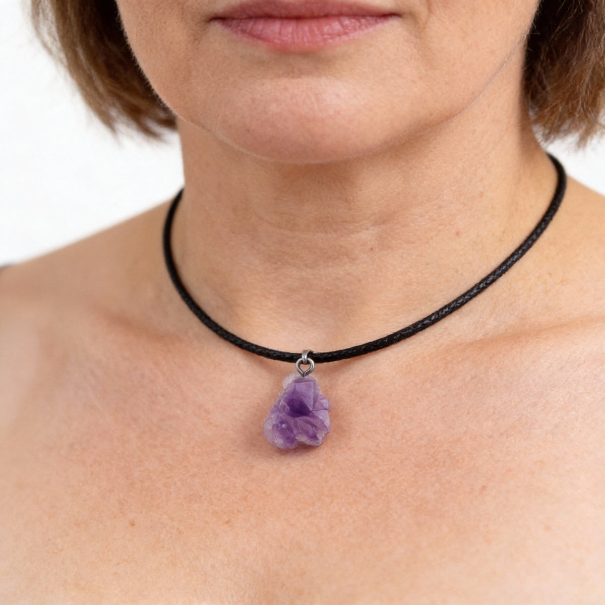 Raw Natural Amethyst Crystal Pendant Necklace with Leather Cord