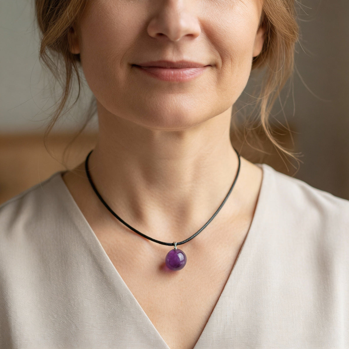 Amethyst Sphere Pendant Necklace on Black Leather Cord, Unisex