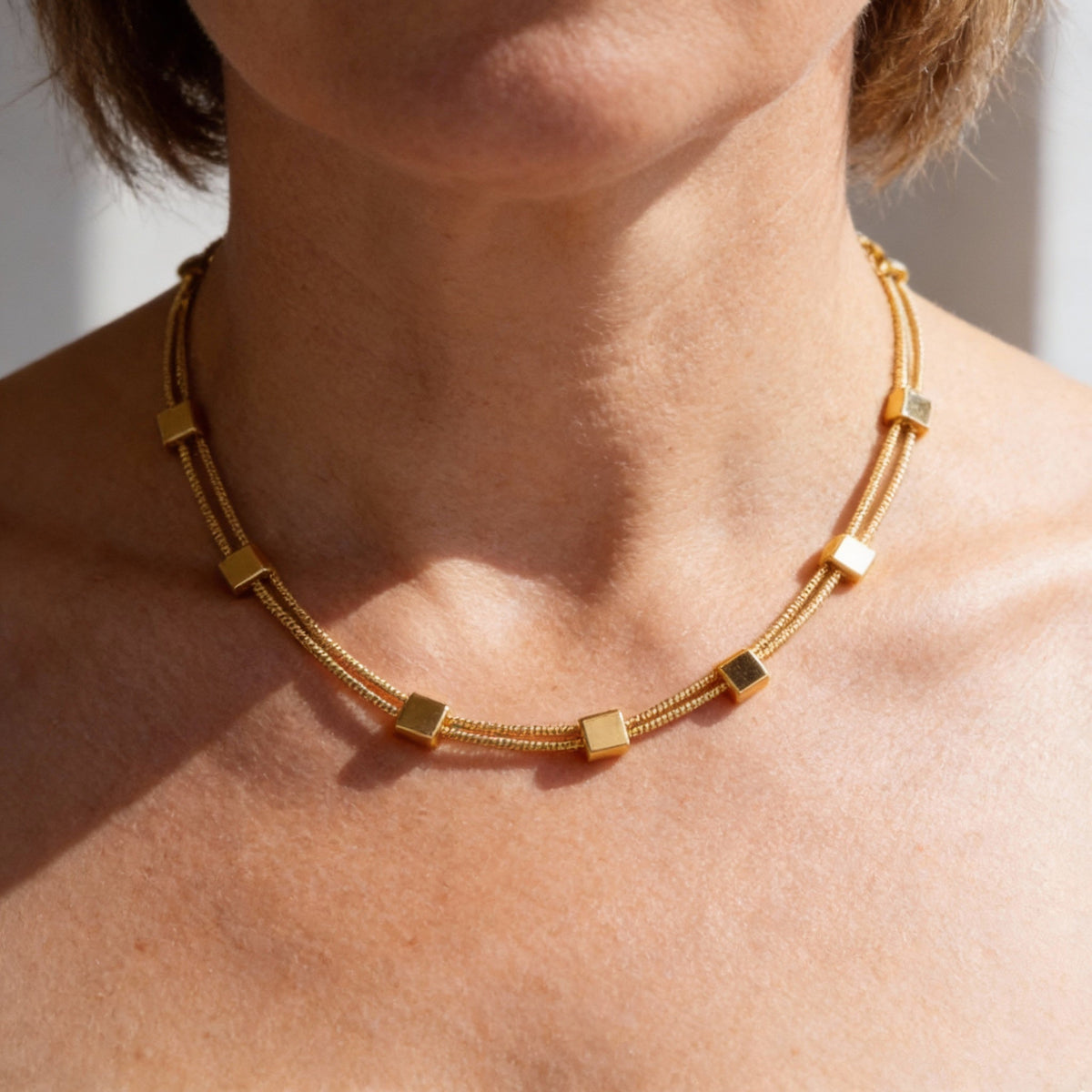 Modern Double-Row Necklace with Geometric Cube Elements