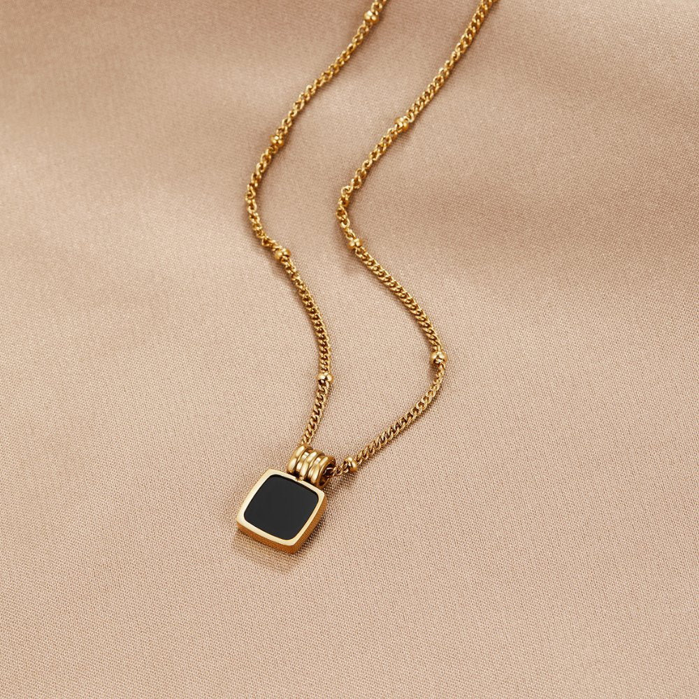 Elegant Necklace with Black Square Stone Pendant