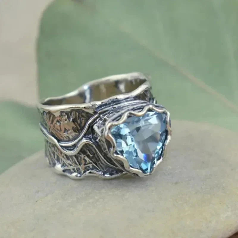 Vintage Stainless Steel Ring with Blue Triangular Stone