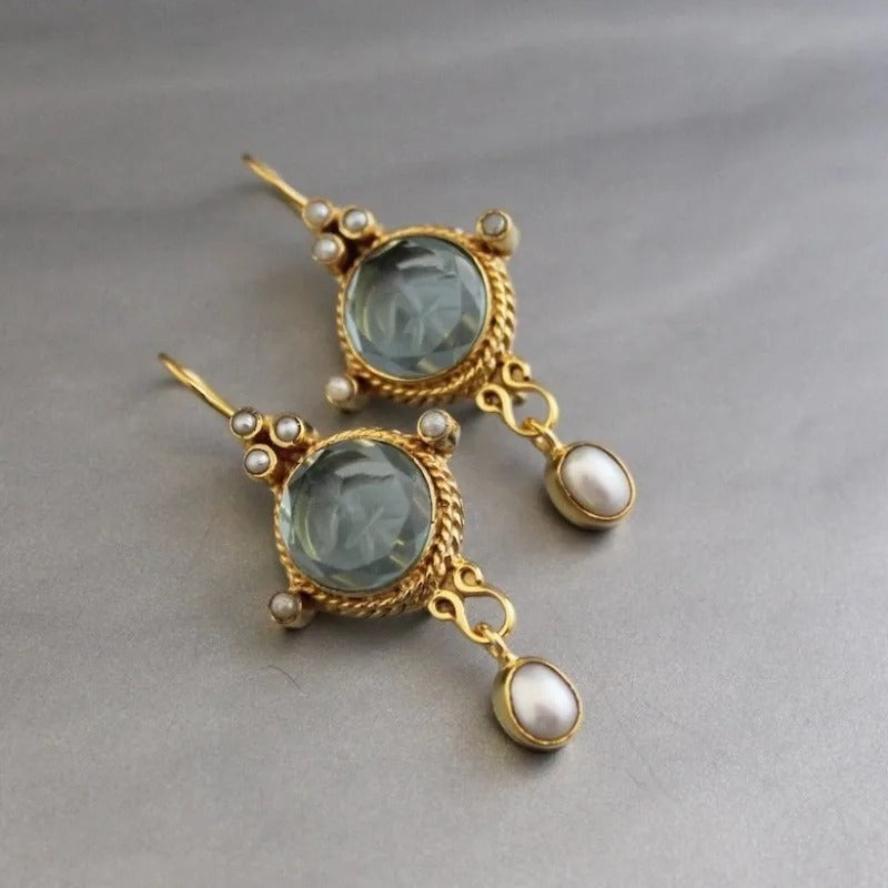 Vintage blue glass cabochon earrings with freshwater pearl drops