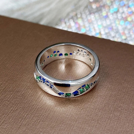 Vintage Stainless Steel Ring with Blue and Green Crystals