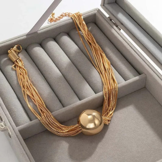 Elegant Multi-Row Necklace with Shimmering Metal Ball Pendant