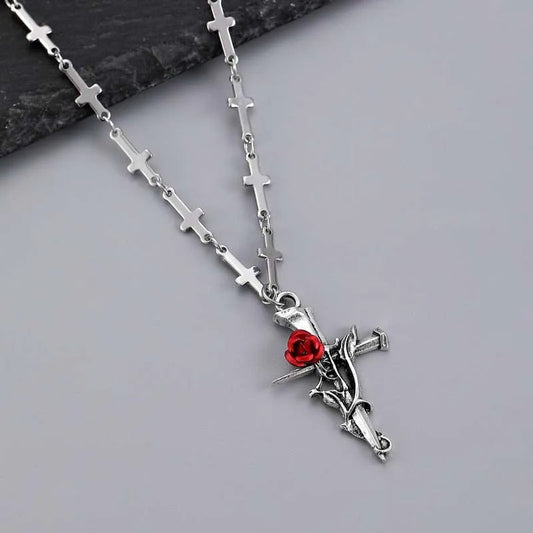 Cross Necklace with Thorns and Red Rose