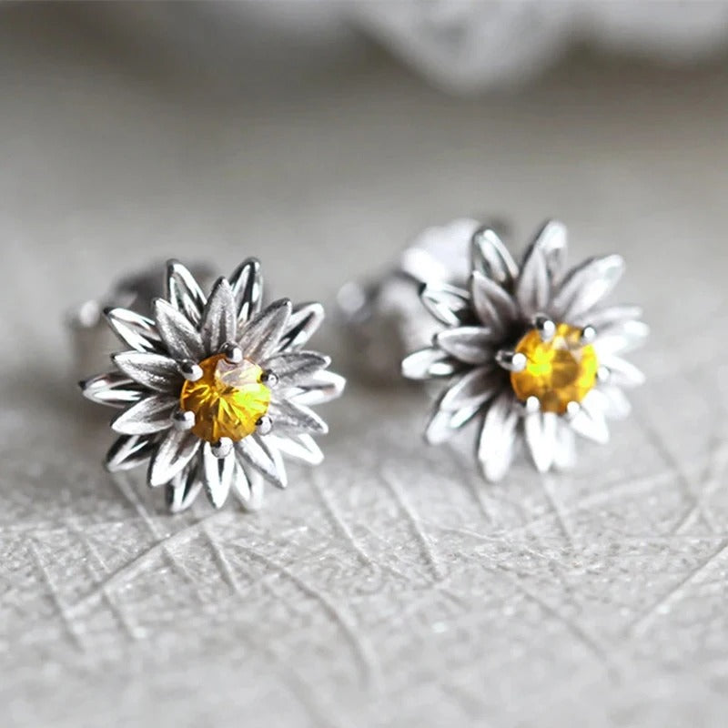 Sunflower earrings with a sparkling citrine stone for women