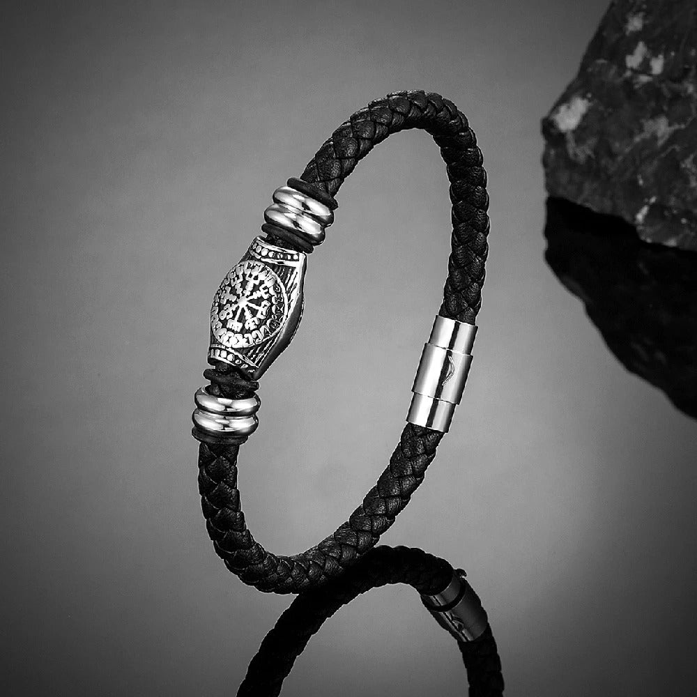 Braided leather bracelet with a Viking compass and matt stainless steel