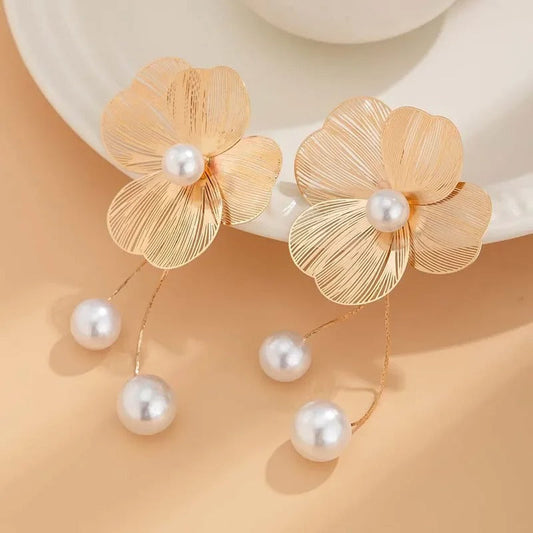 Elegant Pearl Flower Earrings with Delicate Design and Dangling Charms