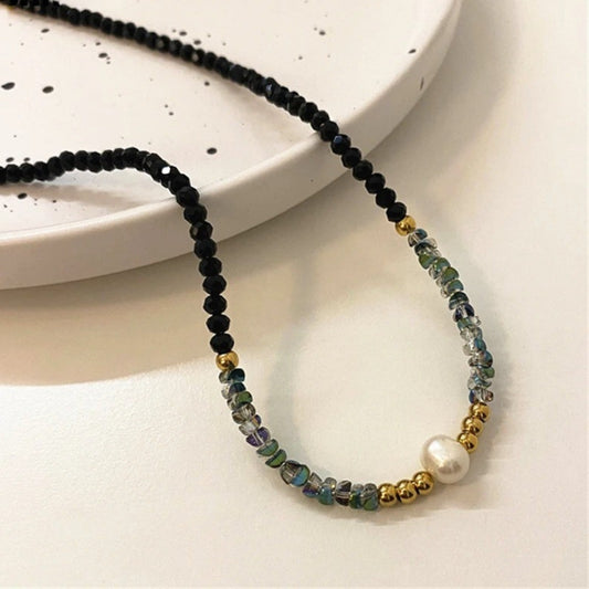 Elegant Black Pearl Necklace with Sparkling Stones and Freshwater Pearls