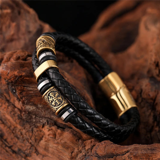 Men’s bracelet made from black braided leather with eye-catching stainless steel accents