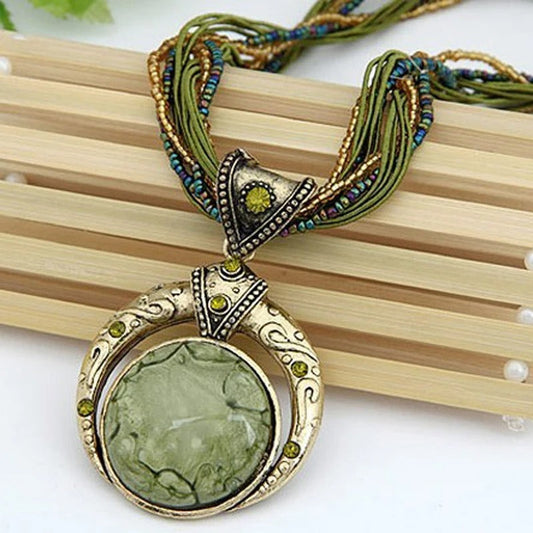 Vintage Boho Necklace with Large Semi-Precious Stone Pendant and Rhinestones