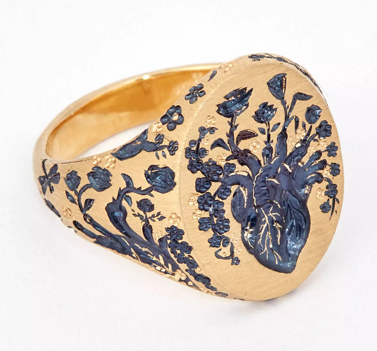 Gold Vintage Signet Ring with Blue Flowers