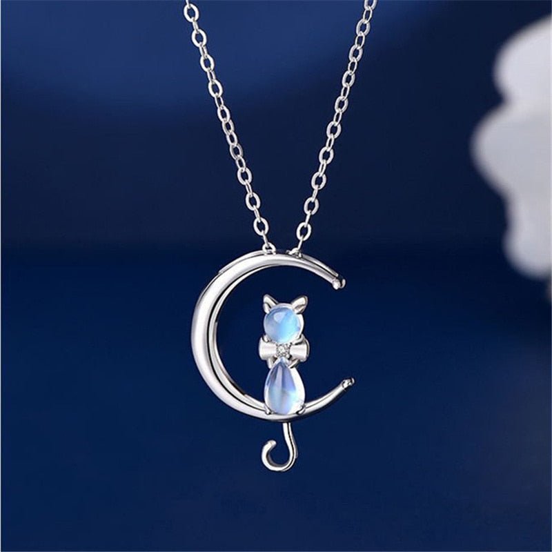 Crescent Moon Necklace with Cat Moonstone Pendant