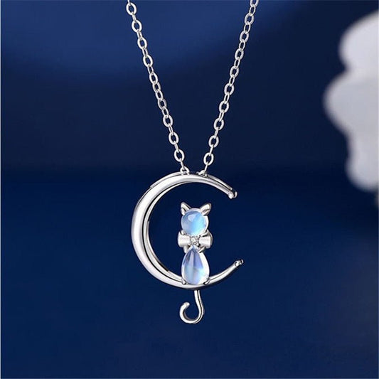 Crescent Moon Necklace with Cat Moonstone Pendant