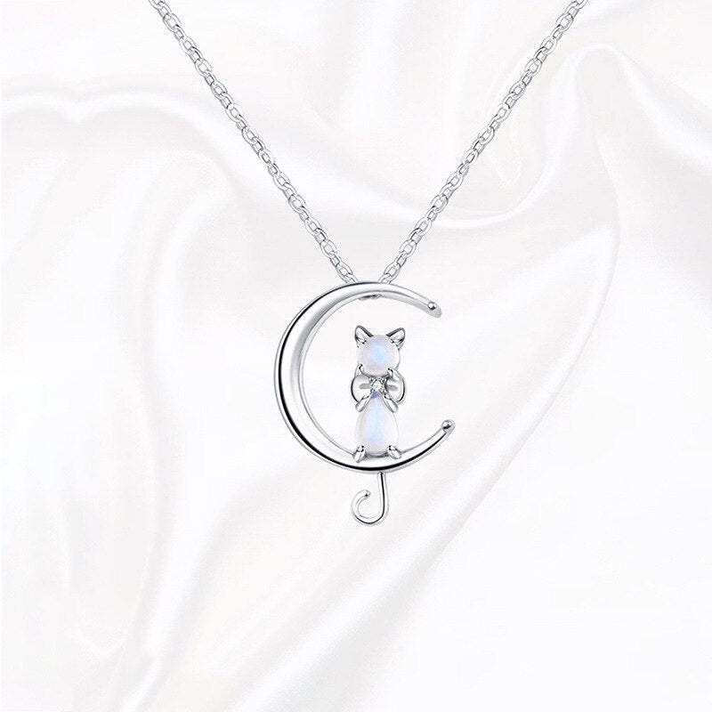 Crescent Moon Necklace with Cat Moonstone Pendant