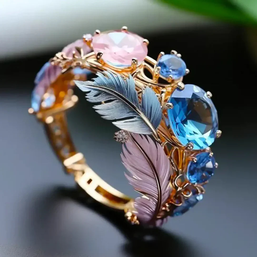 Vintage Ring with Crystals and Exotic Feathers