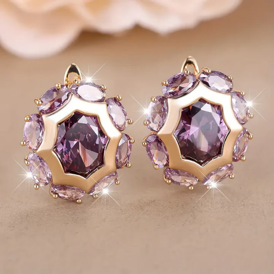 Elegant earrings featuring octagonal and oval purple cubic zirconia stones