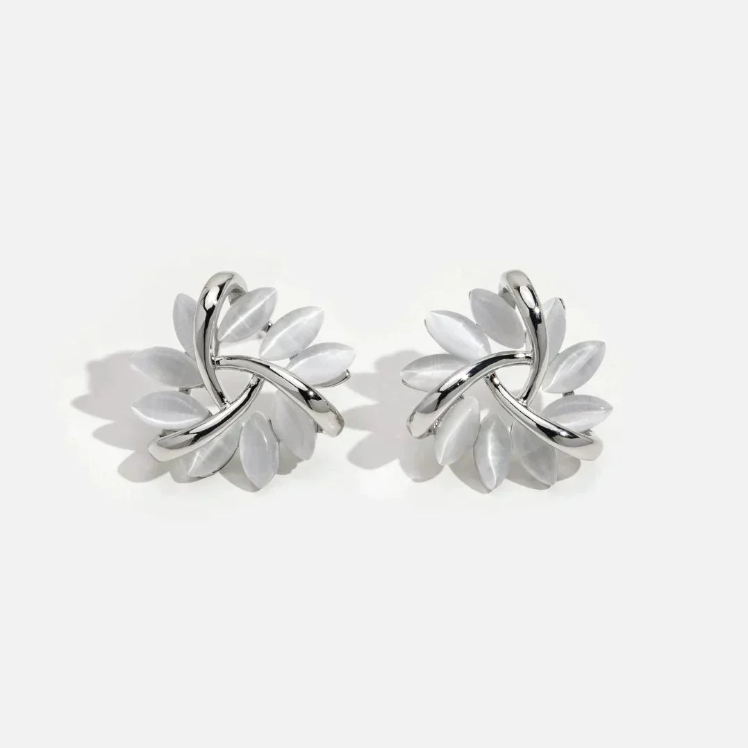 Opal scale earrings, gold flower shape, elegant gemstone look