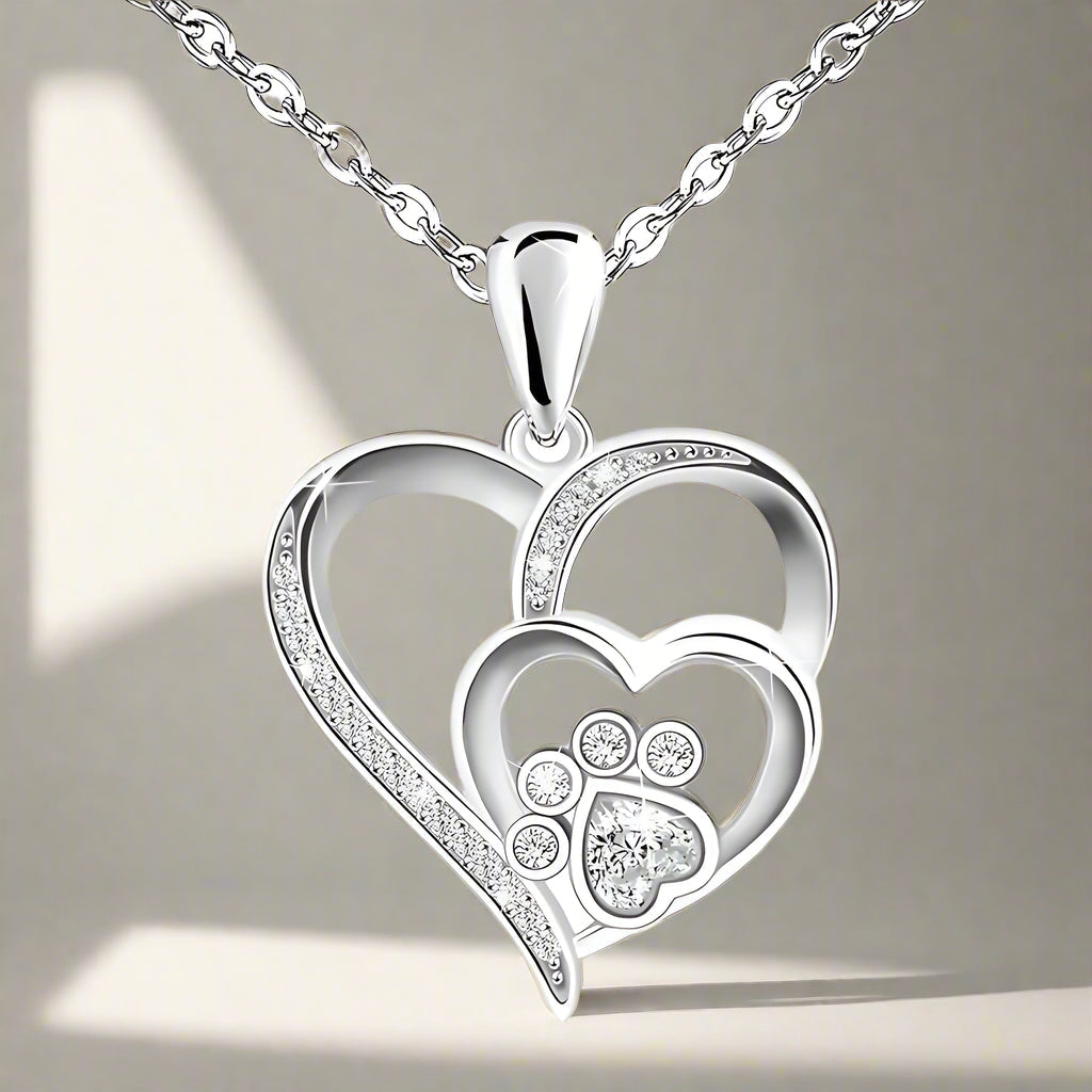 Heart and Paw Print Pendant with Sparkling Cubic Zirconia Crystals