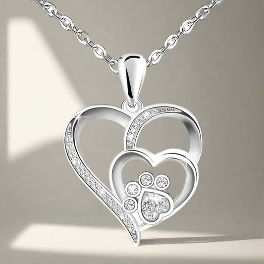 Heart and Paw Print Pendant with Sparkling Cubic Zirconia Crystals