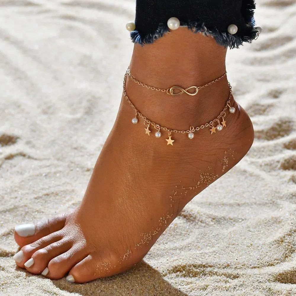 Double-layered infinity anklet with stars and pearls