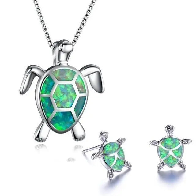 Opal Turtle Jewelry Set with Sea-Style Necklace and Earrings