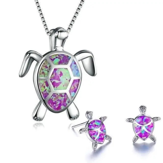 Opal Turtle Jewelry Set with Sea-Style Necklace and Earrings
