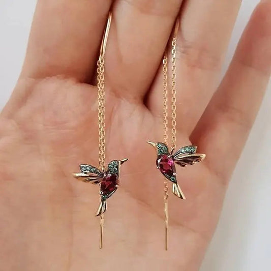 Thread earrings with hummingbird details, cubic zirconia and enamel