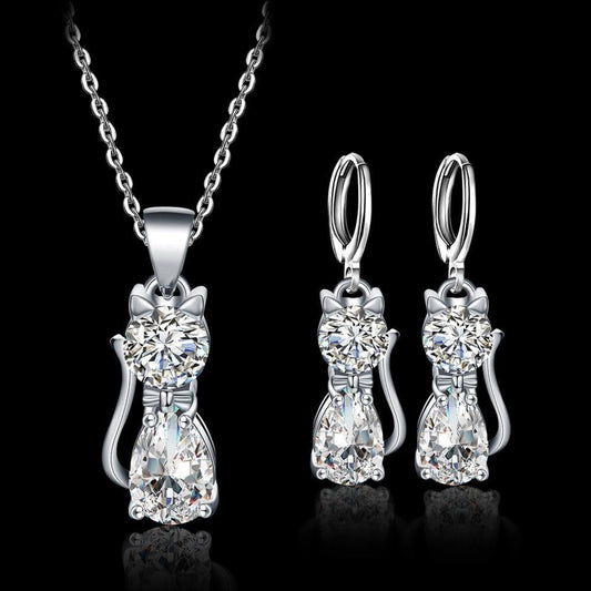 Sparkling Cat Jewelry Set with Necklace and Cubic Zirconia Earrings