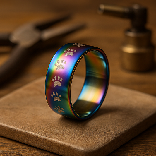 Handcrafted Stainless Steel Ring with Rainbow Paw Print