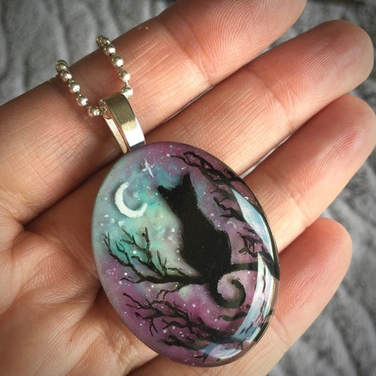 Dreamy Cat Necklace with Sparkling Night Sky and Moon Pendant