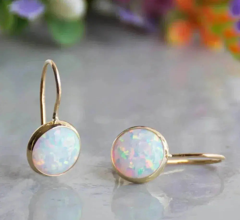 Opal Dangle Earrings with Delicate Iridescence and Gold Finish